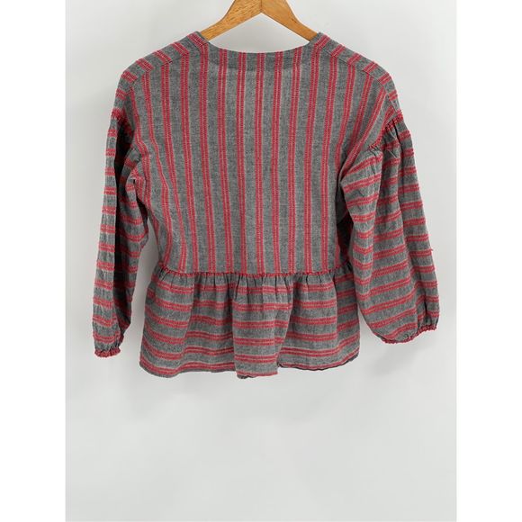 Madewell Faux Wrap Top Peplum Women's Small Gra Red Striped V Neck 3/4‎ Sleeve - Picture 8 of 13